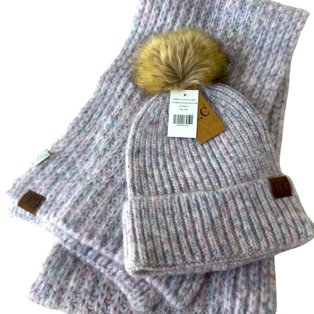C. C Cozy Knit Pom Beanie Hat and Scarf Set - Multicolor Pinkish Purple Lavender - Picture 2 of 8